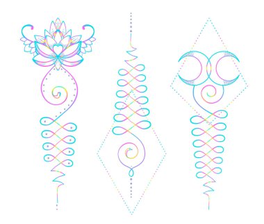 Lotus ve kutsal geometri. Bilgelik ve mükemmellik yolunu Unamole hindu sembolü. Dövme et, yoga logo, Budizm tasarım kümesi. Boho baskı, poster, tişört Tekstil. İzole vektör çizim set