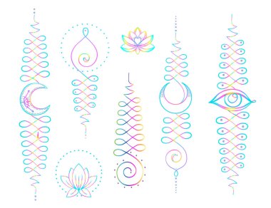 Lotus ve kutsal geometri. Bilgelik ve mükemmellik yolunu Unamole hindu sembolü. Dövme et, yoga logo, Budizm tasarım kümesi. Boho baskı, poster, tişört Tekstil. İzole vektör çizim set