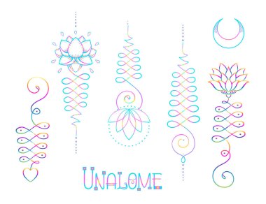 Lotus ve kutsal geometri. Bilgelik ve mükemmellik yolunu Unamole hindu sembolü. Dövme et, yoga logo, Budizm tasarım kümesi. Boho baskı, poster, tişört Tekstil. İzole vektör çizim set