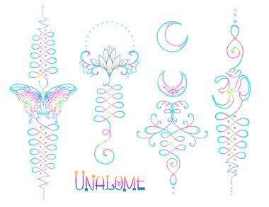 Lotus ve kutsal geometri. Bilgelik ve mükemmellik yolunu Unamole hindu sembolü. Dövme et, yoga logo, Budizm tasarım kümesi. Boho baskı, poster, tişört Tekstil. İzole vektör çizim set