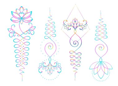 Lotus ve kutsal geometri. Bilgelik ve mükemmellik yolunu Unamole hindu sembolü. Dövme et, yoga logo, Budizm tasarım kümesi. Boho baskı, poster, tişört Tekstil. İzole vektör çizim set