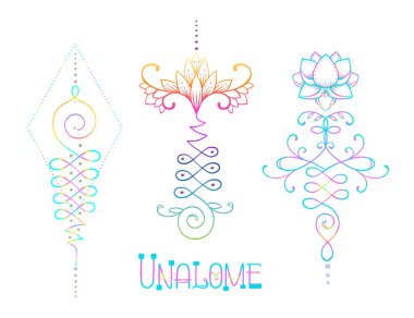 Lotus ve kutsal geometri. Bilgelik ve mükemmellik yolunu Unamole hindu sembolü. Dövme et, yoga logo, Budizm tasarım kümesi. Boho baskı, poster, tişört Tekstil. İzole vektör çizim set