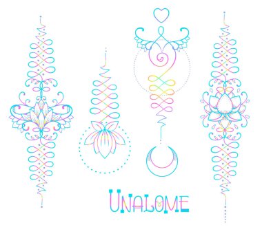 Lotus ve kutsal geometri. Bilgelik ve mükemmellik yolunu Unamole hindu sembolü. Dövme et, yoga logo, Budizm tasarım kümesi. Boho baskı, poster, tişört Tekstil. İzole vektör çizim set