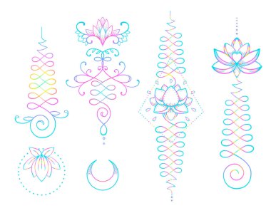 Lotus ve kutsal geometri. Bilgelik ve mükemmellik yolunu Unamole hindu sembolü. Dövme et, yoga logo, Budizm tasarım kümesi. Boho baskı, poster, tişört Tekstil. İzole vektör çizim set
