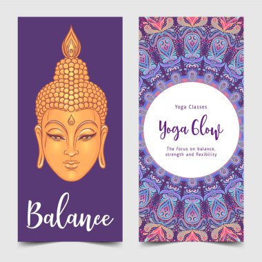 Streç ve gücü. Yoga kartı, el ilanı, afiş, mat tasarım. Ruhsal geri çekilme ya da yoga studio için renkli şablonu. Süs kartvizit, oryantal desen. Vektör çizim