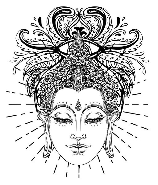 Buddha face over ornate mandala round pattern. Esoteric vintage vector illustration. Indian, Buddhism, spiritual art. Hippie tattoo, spirituality, Thai god, yoga zen Coloring book pages for adults.