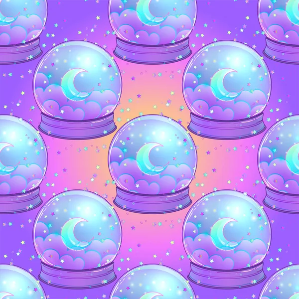 Boule Cristal Avec Lune Arc Ciel Étoiles Colorées Motif Sans — Image vectorielle