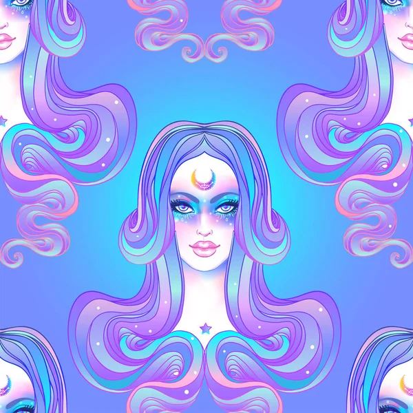 Fille Mignonne Avec Galaxie Maquillage Cheveux Violets Teints Étoiles Constellations — Image vectorielle