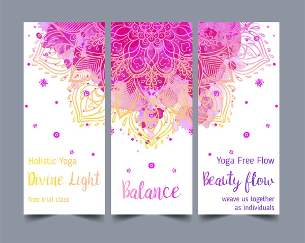 Estiramiento Fuerza Diseño Tarjetas Yoga Colorida Plantilla Para Retiro Espiritual — Vector de stock