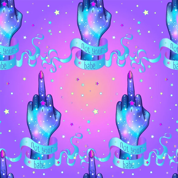 Female Hand Showing Middle Finger Galaxy Seamless Pattern Occult Design Stock Illustration