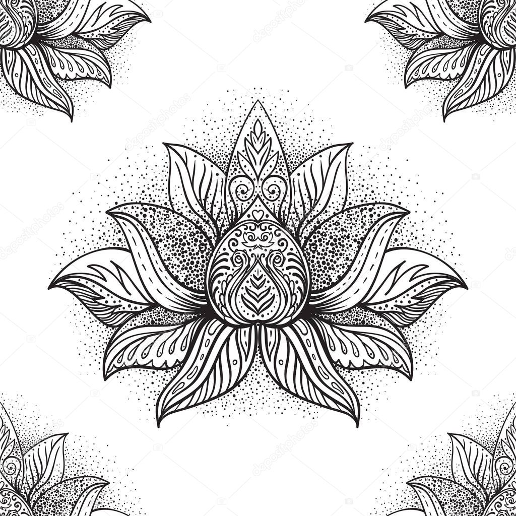 Vector  ornamental Lotus Bohemian floral paisley seamless ornament. Folk henna tattoo style pattern. Indian style. Vintage ornate vector wallpaper. Astrology, alchemy, spirit, magic.