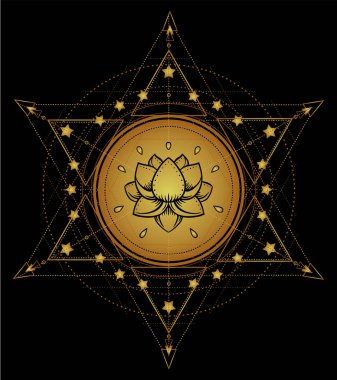 Lotus ve kutsal geometri. Uyum ve denge ve evren Ayurveda sembolü. Dövme et tasarım, yoga logosu. Boho baskı, poster, tişört Tekstil. Altın siyah üzerinde. İzole vektör çizim.