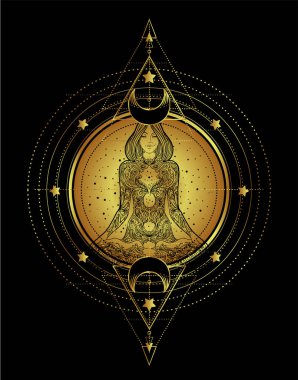 Lotus poz ve kutsal geometri oturan kadın süslü siluet. Uyum ve denge Ayurveda sembolü. Dövme tasarım, yoga logosu. Poster, tişört Tekstil. Anti stres kitap. İzole vektör.