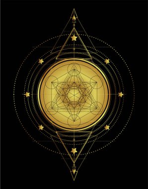 Lotus ve kutsal geometri. Uyum ve denge ve evren Ayurveda sembolü. Dövme et tasarım, yoga logosu. Boho baskı, poster, tişört Tekstil. Altın siyah üzerinde. İzole vektör çizim.