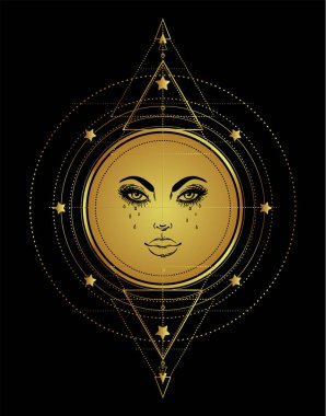 Golden Sun'ın altın kutsal geometri. Dövme et tasarım, yoga logosu. Boho baskı, poster, tişört Tekstil. İzole vektör çizim.