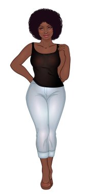 Rahat kıyafet ve yüksek topuklar üzerinde beyaz izole Curvy Afrikalı-Amerikalı kız. Vektör çizim. Güzel artı boyutu modeli. Vücut olumlu kavram. Güzel zenci kadın.