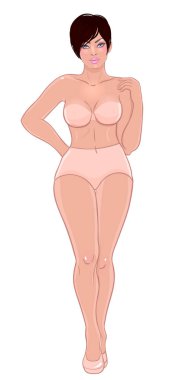 Bej renkli iç çamaşırı beyaz izole Curvy kız. Vektör çizim. Artı boyutu model iç çamaşırı ya da mayo ve yüksek topuklu. Vücut olumlu kavram. Kısa siyah saçlı güzel kadın.