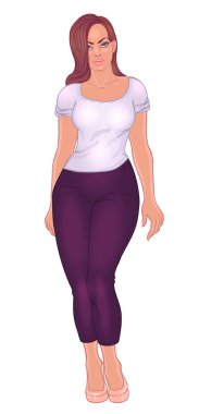Rahat kıyafet ve yüksek topuklar üzerinde beyaz izole Curvy beyaz kız. Vektör çizim. Güzel artı boyutu modeli. Vücut olumlu kavram. Güzel ganimet kadın.