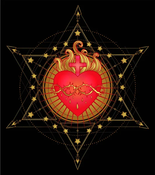 光線とイエスの神聖な心 赤と金の分離ベクトル図 トレンディーなヴィンテージスタイルの要素 カトリック キリスト教 オカルト 錬金術 — ストックベクタ
