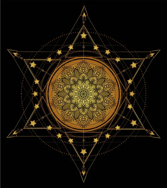莲花和神圣的几何学 阿育吠陀象征和谐和平衡 和宇宙 纹身肉设计 瑜伽标志 波希米亚印花 T恤面料 黄金超过黑色 孤立向量例证 — 图库矢量图片