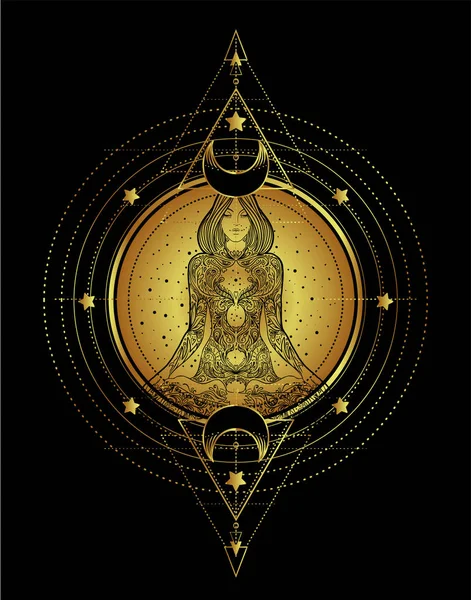 女人坐在莲花姿势和神圣几何学的华丽剪影 阿育吠陀象征着和谐与平衡 纹身设计 瑜伽的标志 恤纺织 抗压力的书 孤立的矢量 — 图库矢量图片