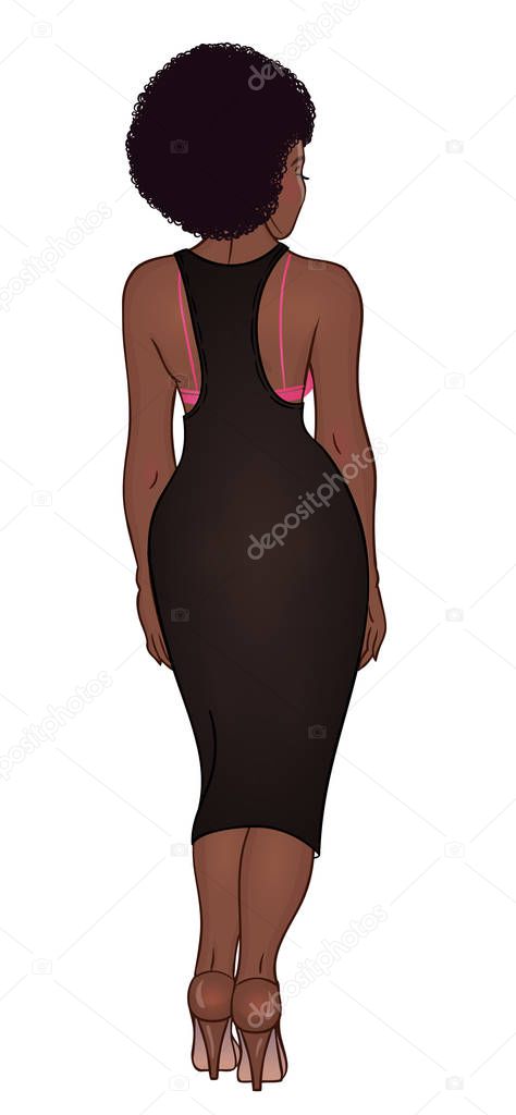Curvy african american girl in casual wear and high heels isolated on white. Vector illustration. Pretty plus size model . Body positive concept. Beautiful black woman.