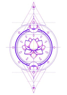 Lotus ve kutsal geometri. Uyum ve denge ve evren Ayurveda sembolü. Dövme et tasarım, yoga logosu. Boho baskı, poster, tişört Tekstil. Anti stres kitap. İzole vektör çizim.