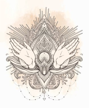 Erkek açık kutsal geometri tasarım öğeleri üzerinde eller. Simya, felsefe, maneviyat sembolleri. Siyah, beyaz vektör çizim üzerinde beyaz izole vintage tarzı.