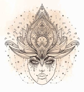 Kabile erime Boho Diva. Güzel Asyalı ilahi kız süslü taç, kokoshnik ilham ile. Bohem tanrıça. Elle çizilmiş zarif illüstrasyon. Lotus çiçeği, etnik sanat, Hint paisley desenli.