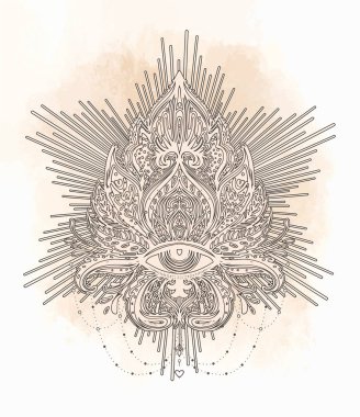 Vektör süs Lotus çiçeği, all-gören göz, Hint paisley desenli. Elle çizilmiş şekil. Davet öğesi. Dövme, Astroloji, simya, boho ve büyü sembolü. Boyama kitabı yetişkinler için.