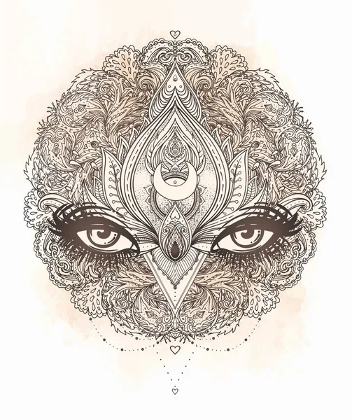 Векторный Декоративный Цветок Лотоса Всевидящий Глаз Узорчатый Индийский Пейсли Ручной — стоковый вектор