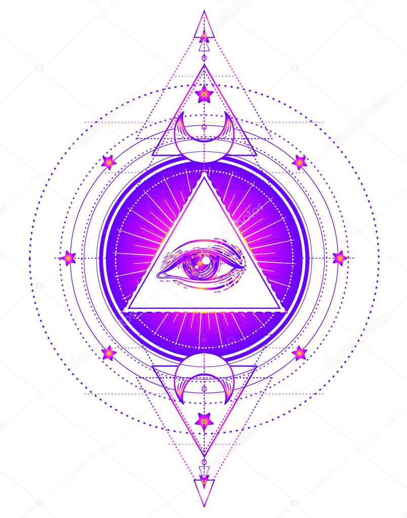 Sacred geometry symbol with all seeing eye isolated on white. Mystic, alchemy, occult concept. Design for indie music album cover, t-shirt print, boho poster, flyer. Astrology, shamanism, religion.