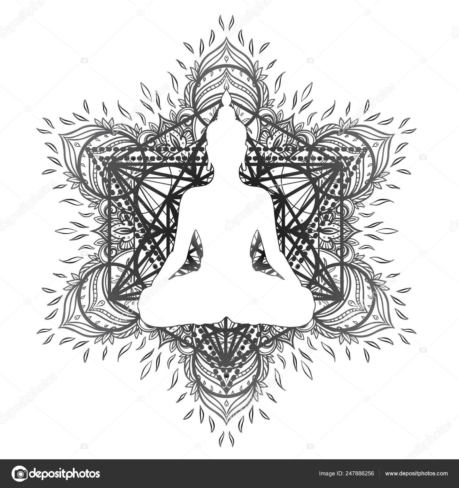 Assis Statue Bouddha Orné Mandala Inspirent Modèle