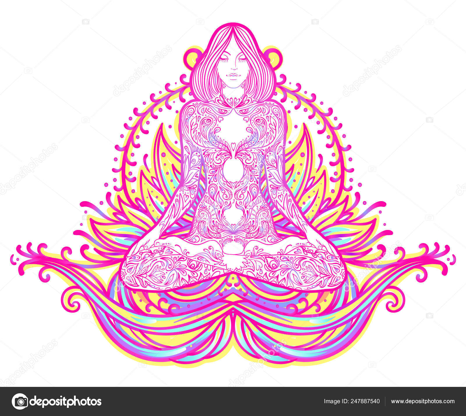 Chakra Konseptet Indre Kjærlighet Lys Fred Buddha Silhuett Lotusstilling  Fargerik stockvektor © vgorbash #247887540, image size:1600x1428