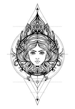 İlahi tanrıçası. Siyah ve beyaz kız yüzünden kutsal geometri işareti, vektör illüstrasyon izole. Dövme kroki. Mistik sembol. Simya, büyü, maneviyat, boyama kitabı. Vintage çizilmiş.