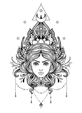 İlahi tanrıçası. Siyah ve beyaz kız yüzünden kutsal geometri işareti, vektör illüstrasyon izole. Dövme kroki. Mistik sembol. Simya, büyü, maneviyat, boyama kitabı. Vintage çizilmiş.