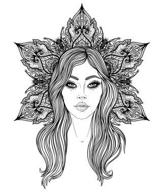 İlahi tanrıçası. Siyah ve beyaz kız yüzünden kutsal geometri işareti, vektör illüstrasyon izole. Dövme kroki. Mistik sembol. Simya, büyü, maneviyat, boyama kitabı. Vintage çizilmiş.