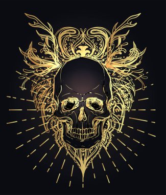 İnsan kafatası ve Lotus Mandala üzerinde kutsal geometri esin kaynağı oldu. Uyum ve denge Ayurveda sembolü. Dövme et tasarım, yoga logosu. Boho baskı, poster, tişört Tekstil. İzole vektör çizim