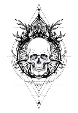 İnsan kafatası ve Lotus Mandala üzerinde kutsal geometri esin kaynağı oldu. Uyum ve denge Ayurveda sembolü. Dövme et tasarım, yoga logosu. Boho baskı, poster, tişört Tekstil. İzole vektör çizim.