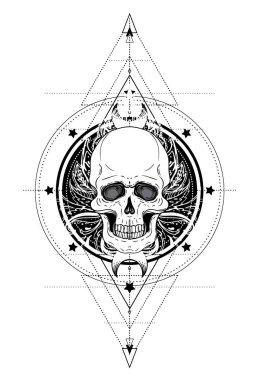 İnsan kafatası ve Lotus Mandala üzerinde kutsal geometri esin kaynağı oldu. Uyum ve denge Ayurveda sembolü. Dövme et tasarım, yoga logosu. Boho baskı, poster, tişört Tekstil. İzole vektör çizim.