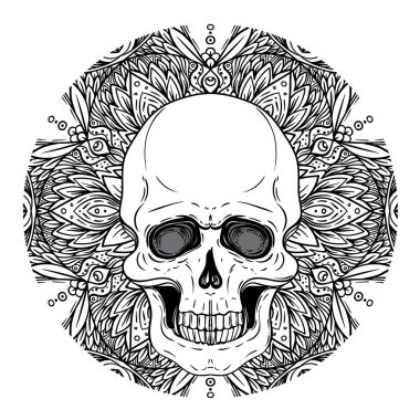 İnsan kafatası ve Lotus Mandala üzerinde kutsal geometri esin kaynağı oldu. Uyum ve denge Ayurveda sembolü. Dövme et tasarım, yoga logosu. Boho baskı, poster, tişört Tekstil. İzole vektör çizim.