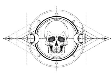 İnsan kafatası ve Lotus Mandala üzerinde kutsal geometri esin kaynağı oldu. Uyum ve denge Ayurveda sembolü. Dövme et tasarım, yoga logosu. Boho baskı, poster, tişört Tekstil. İzole vektör çizim.