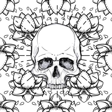 İnsan kafatası ve Lotus seamless modeli. Kutsal geometri. Uyum ve denge Ayurveda sembolü. Dövme et tasarım, yoga logosu. Boho baskı, poster, tişört Tekstil. İzole vektör çizim.