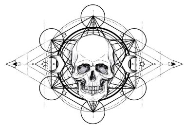 İnsan kafatası ve Lotus Mandala üzerinde kutsal geometri esin kaynağı oldu. Uyum ve denge Ayurveda sembolü. Dövme et tasarım, yoga logosu. Boho baskı, poster, tişört Tekstil. İzole vektör çizim.