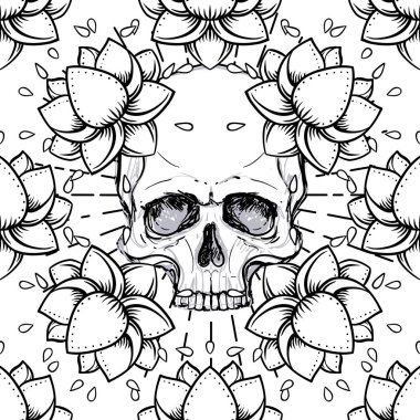 İnsan kafatası ve Lotus seamless modeli. Kutsal geometri. Uyum ve denge Ayurveda sembolü. Dövme et tasarım, yoga logosu. Boho baskı, poster, tişört Tekstil. İzole vektör çizim.