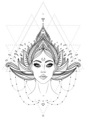 Kabile erime Boho Diva. Güzel Asyalı ilahi kız süslü taç, kokoshnik ilham ile. Bohem tanrıça. Elle çizilmiş zarif illüstrasyon. Lotus çiçeği, etnik sanat, Hint paisley desenli.