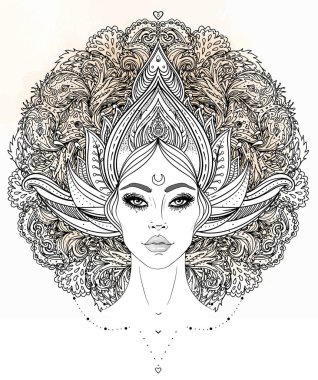 Kabile erime Boho Diva. Güzel Asyalı ilahi kız süslü taç, kokoshnik ilham ile. Bohem tanrıça. Elle çizilmiş zarif illüstrasyon. Lotus çiçeği, etnik sanat, Hint paisley desenli.