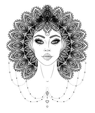 Kabile erime Boho Diva. Güzel Asyalı ilahi kız süslü taç, kokoshnik ilham ile. Bohem tanrıça. Elle çizilmiş zarif illüstrasyon. Lotus çiçeği, etnik sanat, Hint paisley desenli.