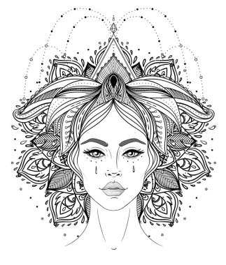 Kabile erime Boho Diva. Güzel Asyalı ilahi kız süslü taç, kokoshnik ilham ile. Bohem tanrıça. Elle çizilmiş zarif illüstrasyon. Lotus çiçeği, etnik sanat, Hint paisley desenli.
