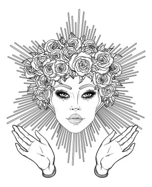 Madonna, Bayan keder. Kutsal bakire Meryem, cennet kraliçesi tertemiz kalbinde bağlılık. Vektör çizim üzerinde beyaz izole. Boyama kitabı yetişkinler için. Dövme tasarım.